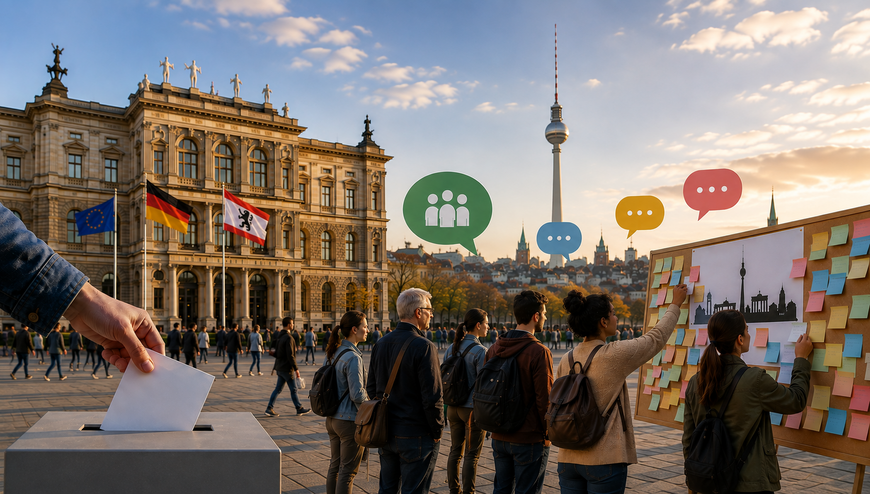 Eine symbolische Darstellung von Abgeordnetenhauswahl und Bürgerbeteiligung in Berlin. Im Vordergrund wird ein Stimmzettel in eine Wahlurne geworfen. Daneben beteiligen sich mehrere Bürgerinnen und Bürger an einer Ideenwand. Sprechblasen stehen für Austausch und gemeinsame Beratung. Im Hintergrund verweisen ein historisches Parlamentsgebäude, die Berliner Flagge und der Fernsehturm auf die Hauptstadt. Das Motiv verbindet damit die repräsentative Demokratie der Wahl mit zusätzlichen Formen direkter Bürgerbeteiligung.